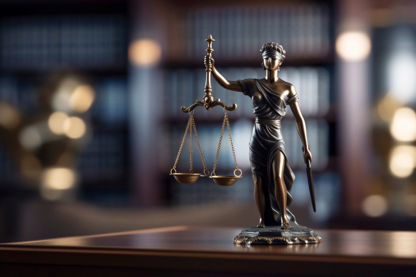 Estatueta de bronze da Themis, deusa da justiça, com balança e espada, sobre uma mesa diante de estantes de livros.