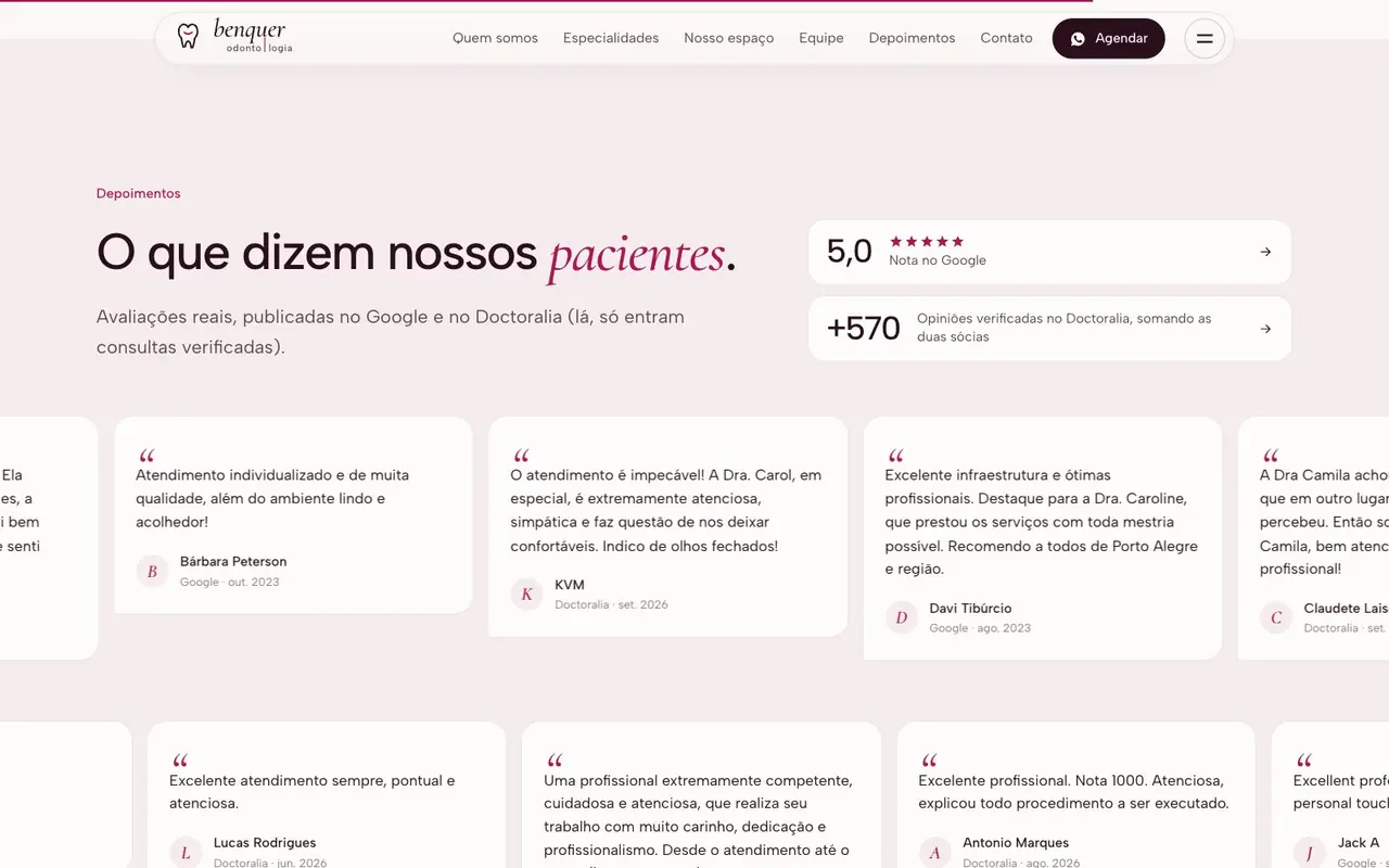Avaliações reais do Google e do Doctoralia, Benquer Odontologia
