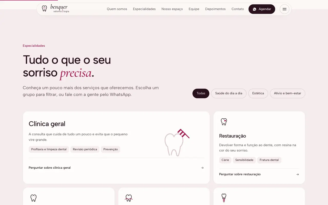 Especialidades com filtro, Benquer Odontologia