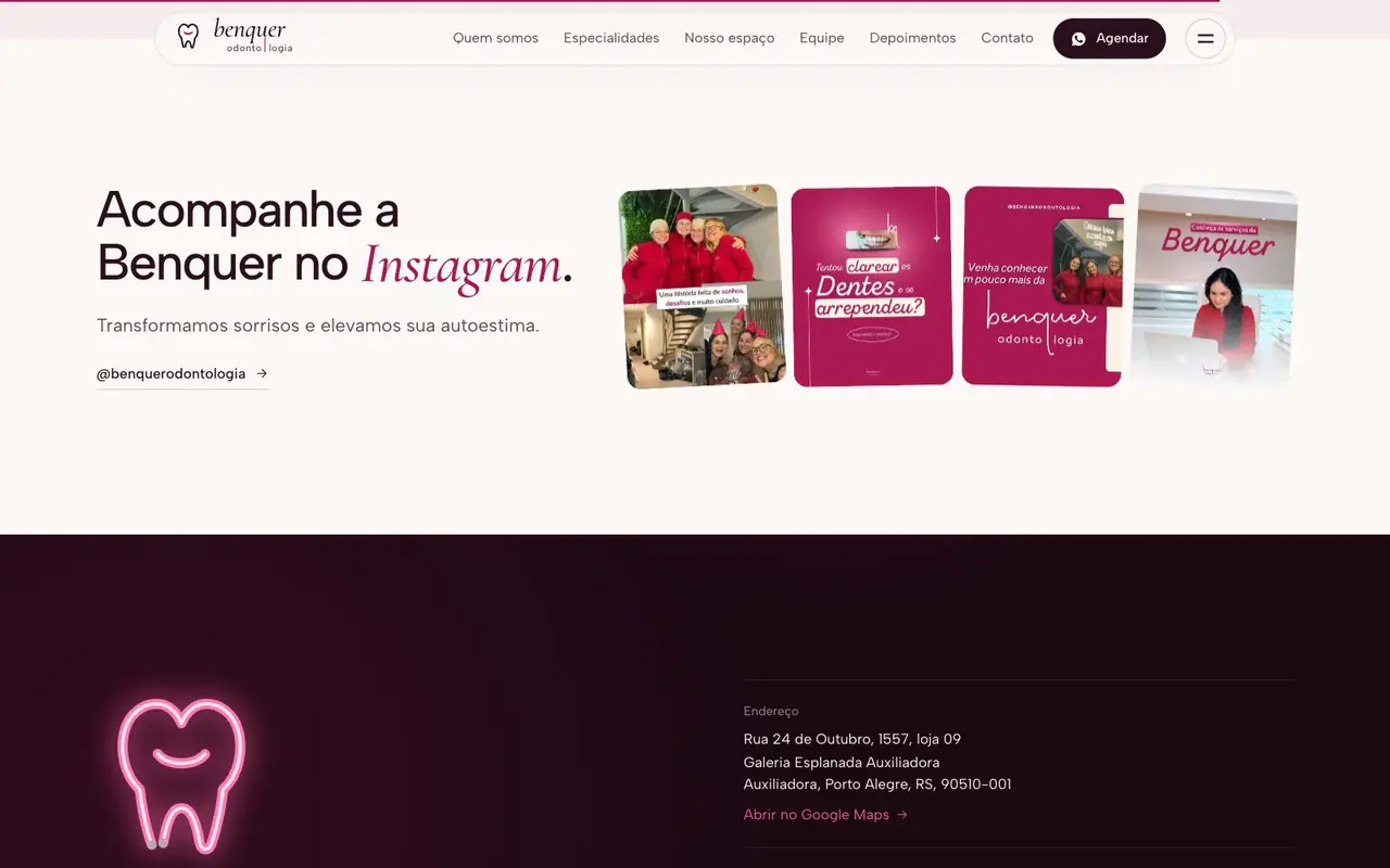 Instagram e endereço da clínica, Benquer Odontologia