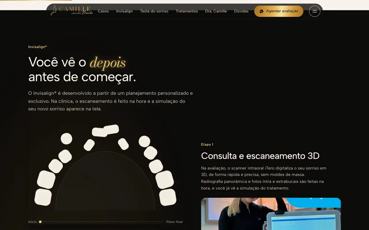 Arcada que se alinha conforme o scroll, Dra. Camille van der Broocke
