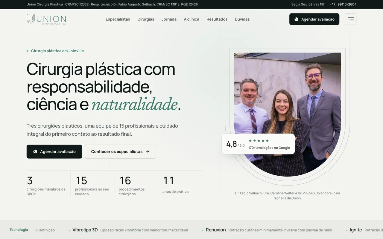 Hero com os três cirurgiões em moldura de U, Union Cirurgia Plástica